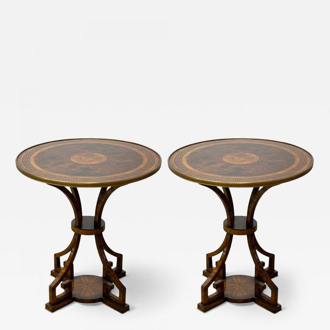 Russian Neoclassical, Burlwood, Brass, Gueridons, France, 1950s: Title: Russian Neoclassical, Burlwood, Brass, Gueridons, France, 1950s Description: "Russian Neoclassical, Burlwood, Brass, Gueridons, France, 1960s Wonderful pair of Russian Neoclassical style end or