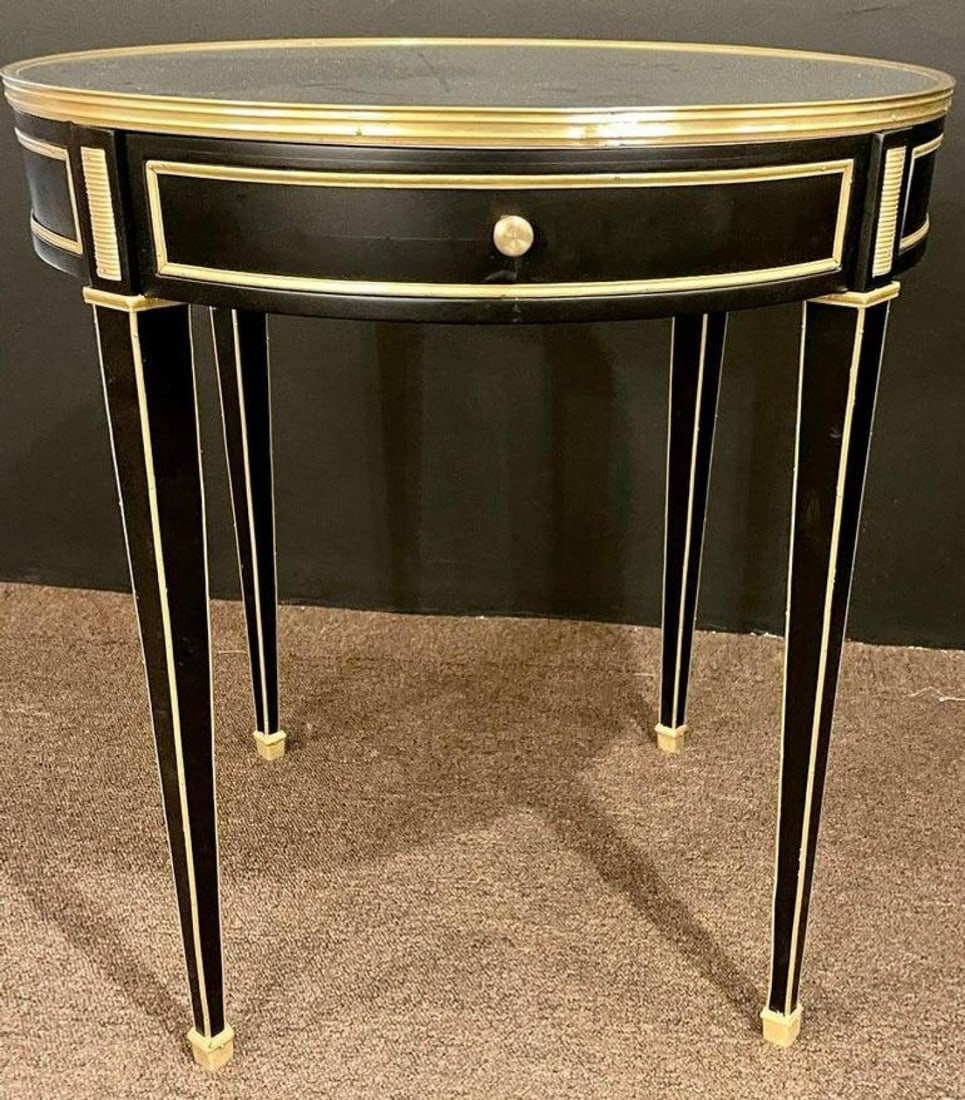 Hollywood Regency Ebony Bouillote or End Tables, Manner Jansen Mirror Tops, Pair - 11