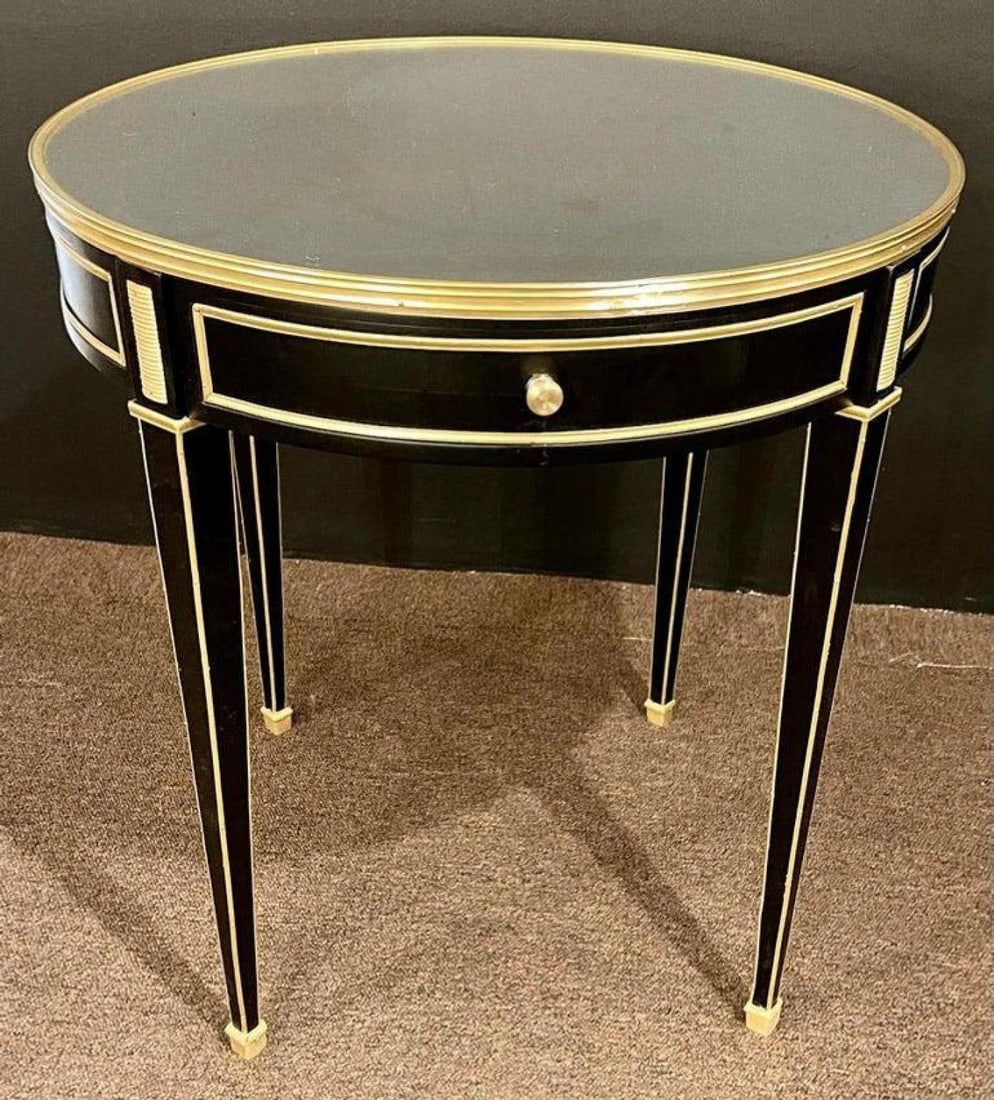 Hollywood Regency Ebony Bouillote or End Tables, Manner Jansen Mirror Tops, Pair - 12