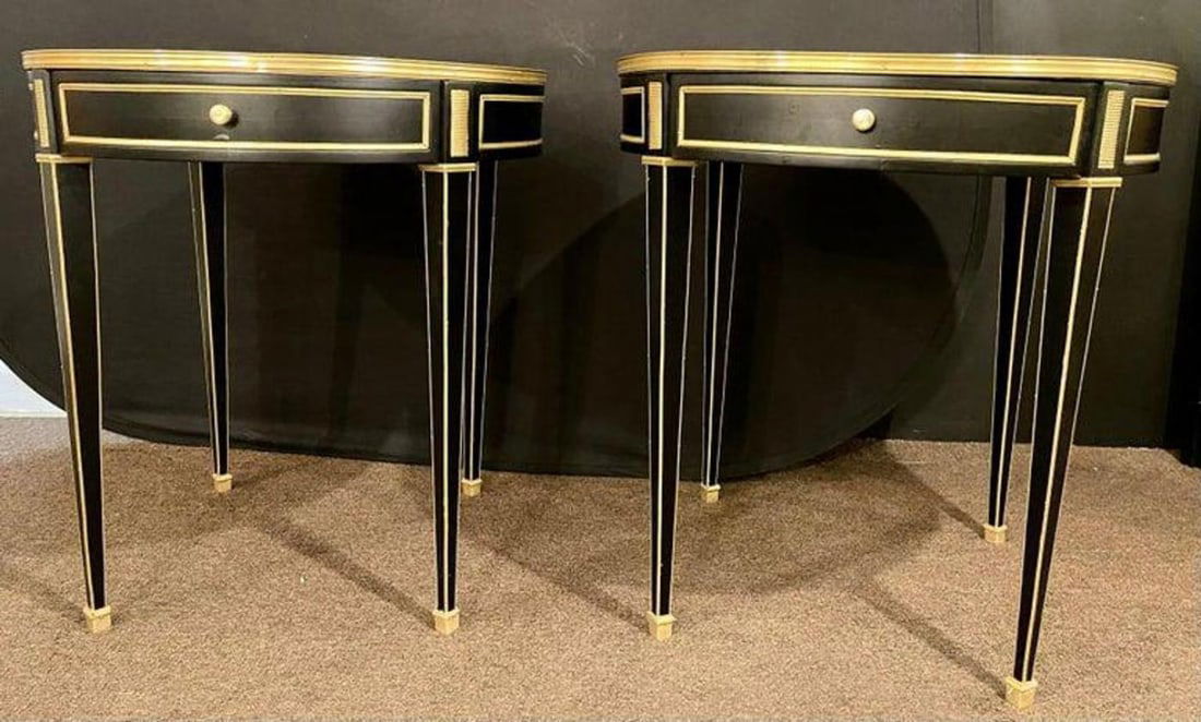 Hollywood Regency Ebony Bouillote or End Tables, Manner Jansen Mirror Tops, Pair - 2