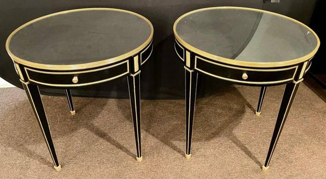 Hollywood Regency Ebony Bouillote or End Tables, Manner Jansen Mirror Tops, Pair - 3