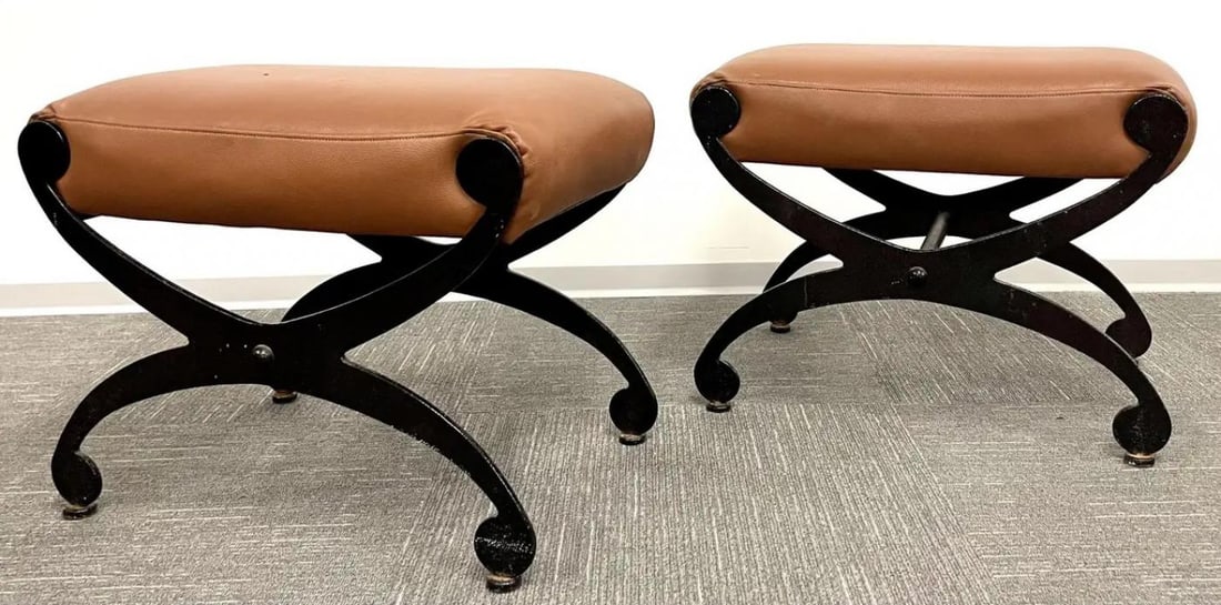 Pair of Metal x Form Benches, Footstools, Ottomans, Leather Seats, Rustic - 2