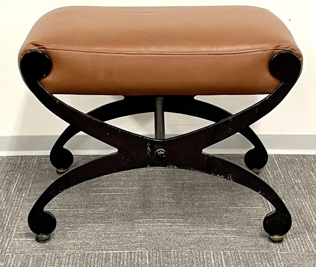 Pair of Metal x Form Benches, Footstools, Ottomans, Leather Seats, Rustic - 4