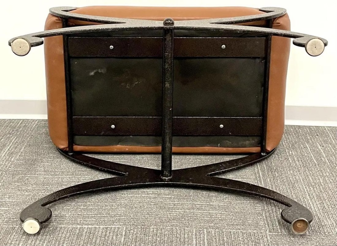 Pair of Metal x Form Benches, Footstools, Ottomans, Leather Seats, Rustic - 6