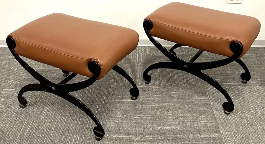 Pair of Metal x Form Benches, Footstools, Ottomans, Leather Seats, Rustic - 7