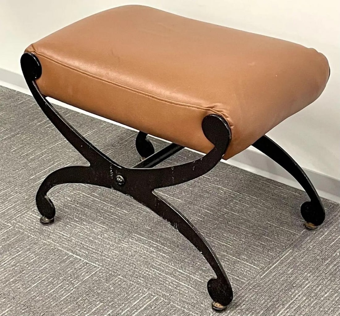 Pair of Metal x Form Benches, Footstools, Ottomans, Leather Seats, Rustic - 8