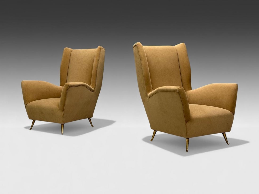ISA Bergamo, Camel Velvet, Bronze, Wingback Chairs, Italy, 1950s - 2