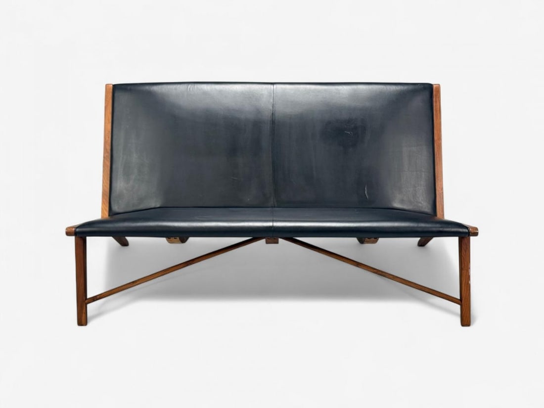 Hans J. Wegner Style, Teak, Leatherette, Settee, Denmark, 1950s - 2