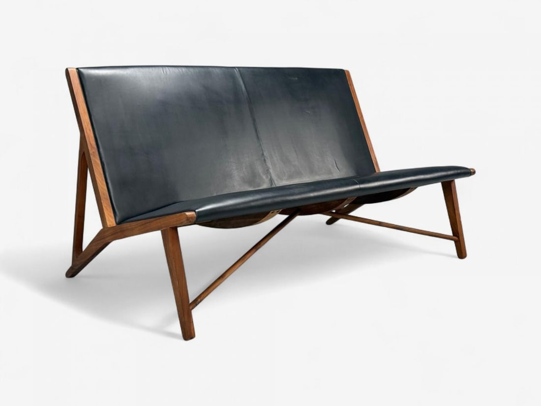 Hans J. Wegner Style, Teak, Leatherette, Settee, Denmark, 1950s - 3
