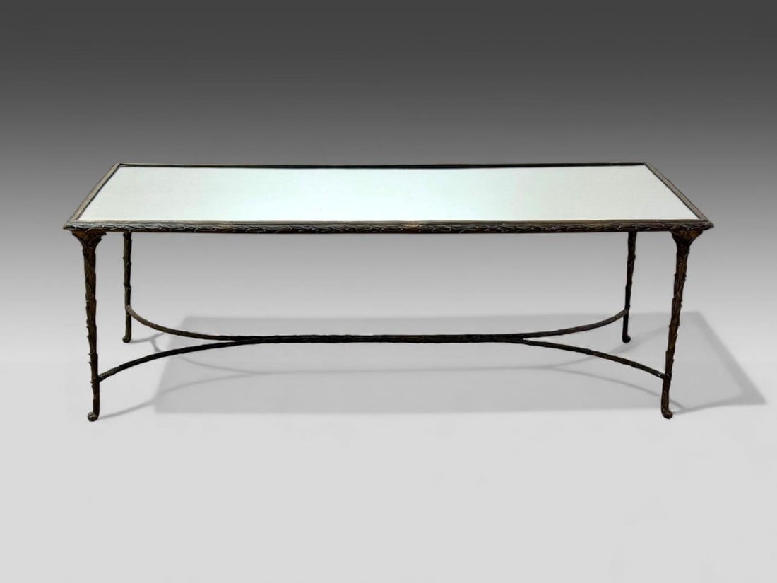 Maison Bagues Style, Bronze, Mirror, Faux Bois Coffee Table, France, 1940s - 2