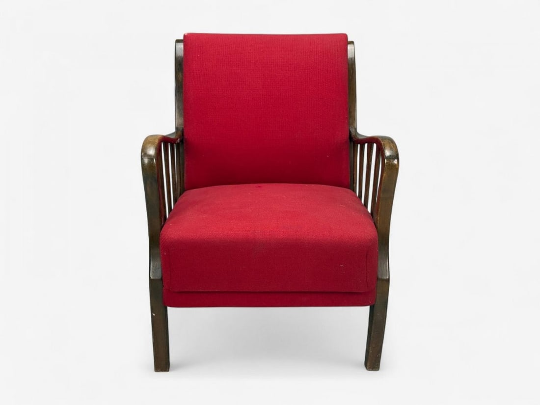 Josef Frank Attribution, Red Fabric, Wood, Lounge Chair, Denmark, 1950s - 2