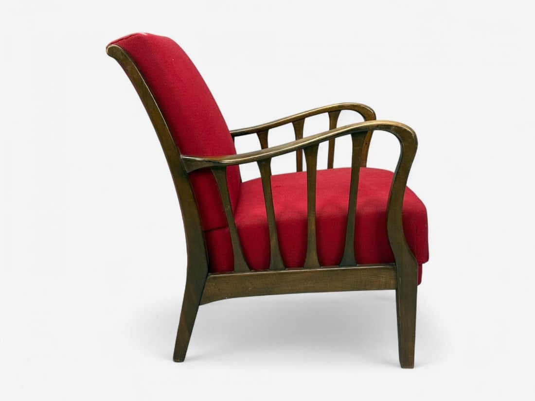 Josef Frank Attribution, Red Fabric, Wood, Lounge Chair, Denmark, 1950s - 4