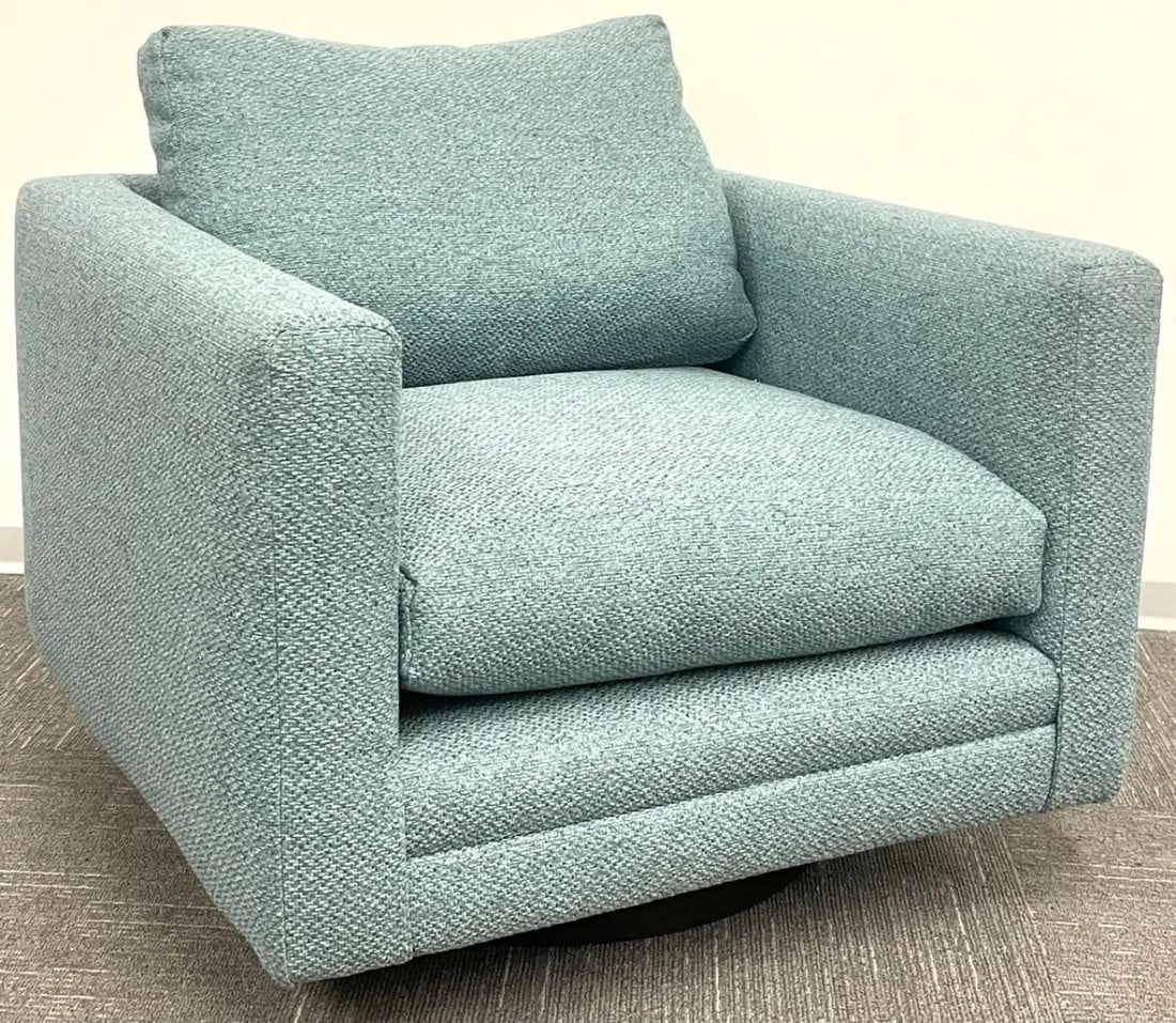 Pair Teal Milo Baughman Style Mid-Century Modern Lounge Chairs, Swivel, Square - 10