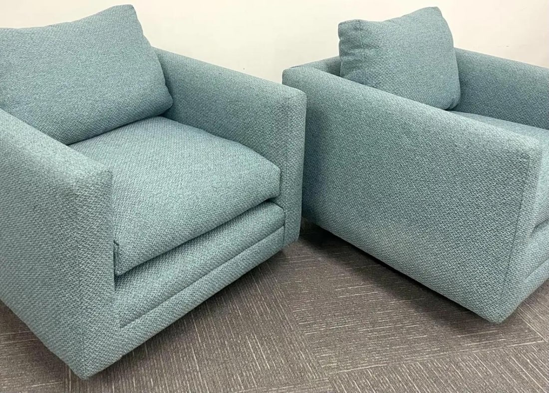 Pair Teal Milo Baughman Style Mid-Century Modern Lounge Chairs, Swivel, Square - 11