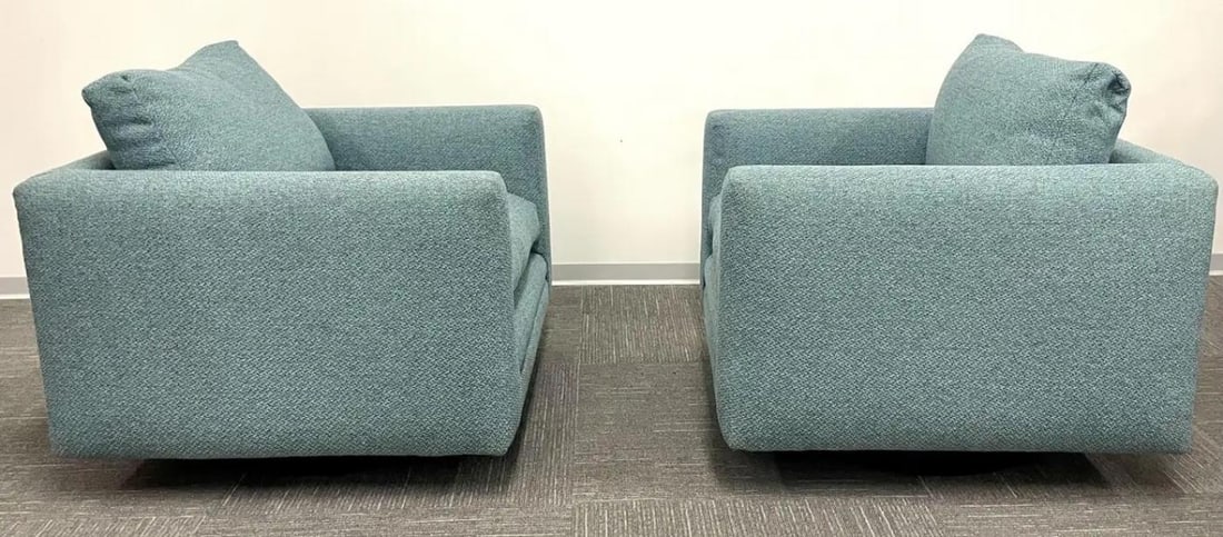 Pair Teal Milo Baughman Style Mid-Century Modern Lounge Chairs, Swivel, Square - 8