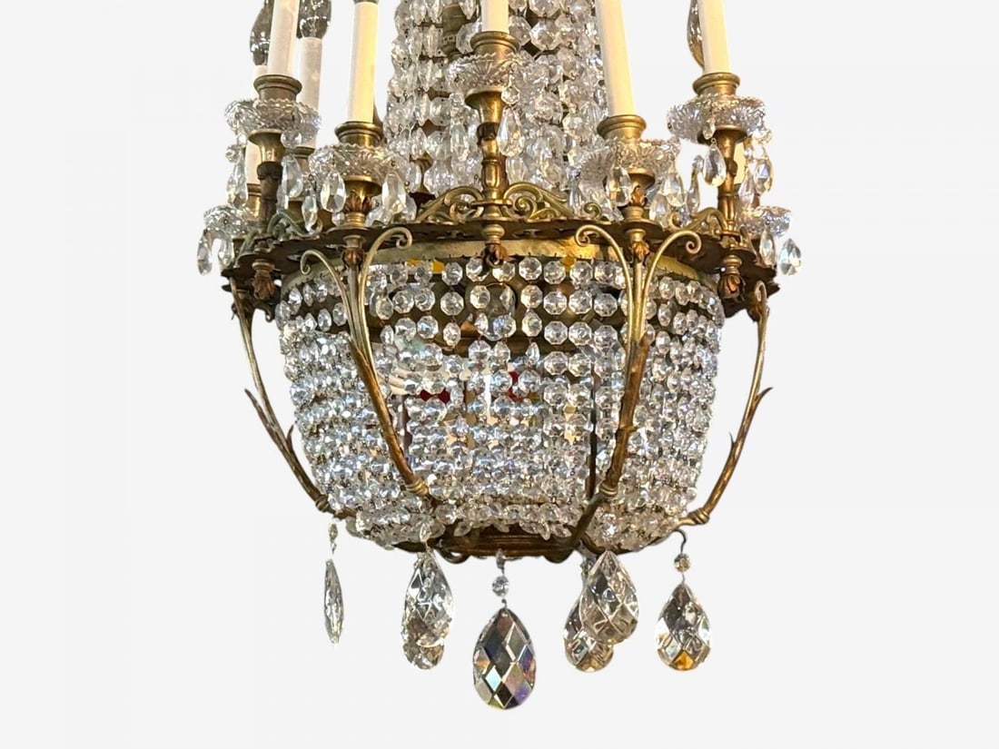French Empire, Thirteen Light Basket Chandelier, Bronze, Crystal, France, 19th C - 11