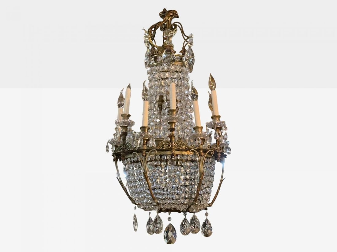 French Empire, Thirteen Light Basket Chandelier, Bronze, Crystal, France, 19th C - 2