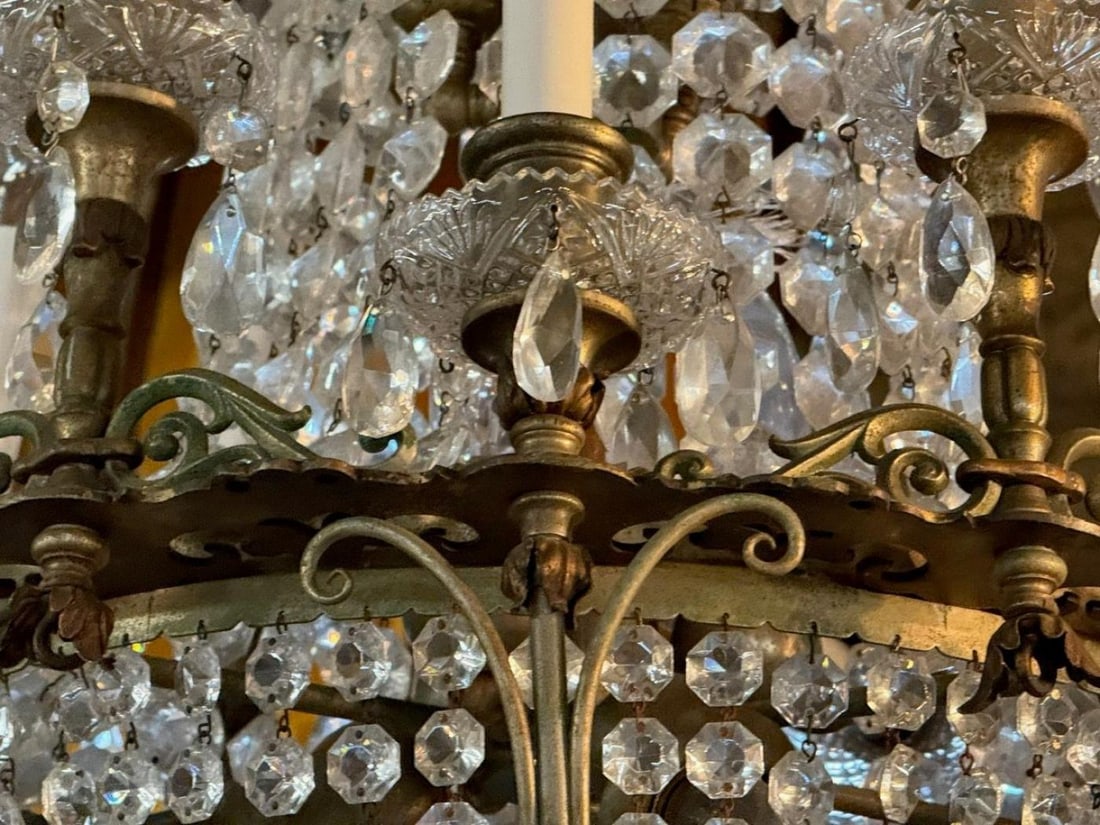 French Empire, Thirteen Light Basket Chandelier, Bronze, Crystal, France, 19th C - 7