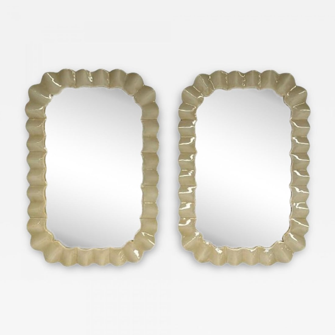 Modern Ruffle Wall Mirrors, White Murano Glass, Brass, Italy, 21st c.: Title: Modern Ruffle Wall Mirrors, White Murano Glass, Brass, Italy, 21st c. Description: "Contemporary, Wall Mirrors with Ruffle Motif, White Murano Glass, Brass, Italy, 21st c. Pair of rectangular