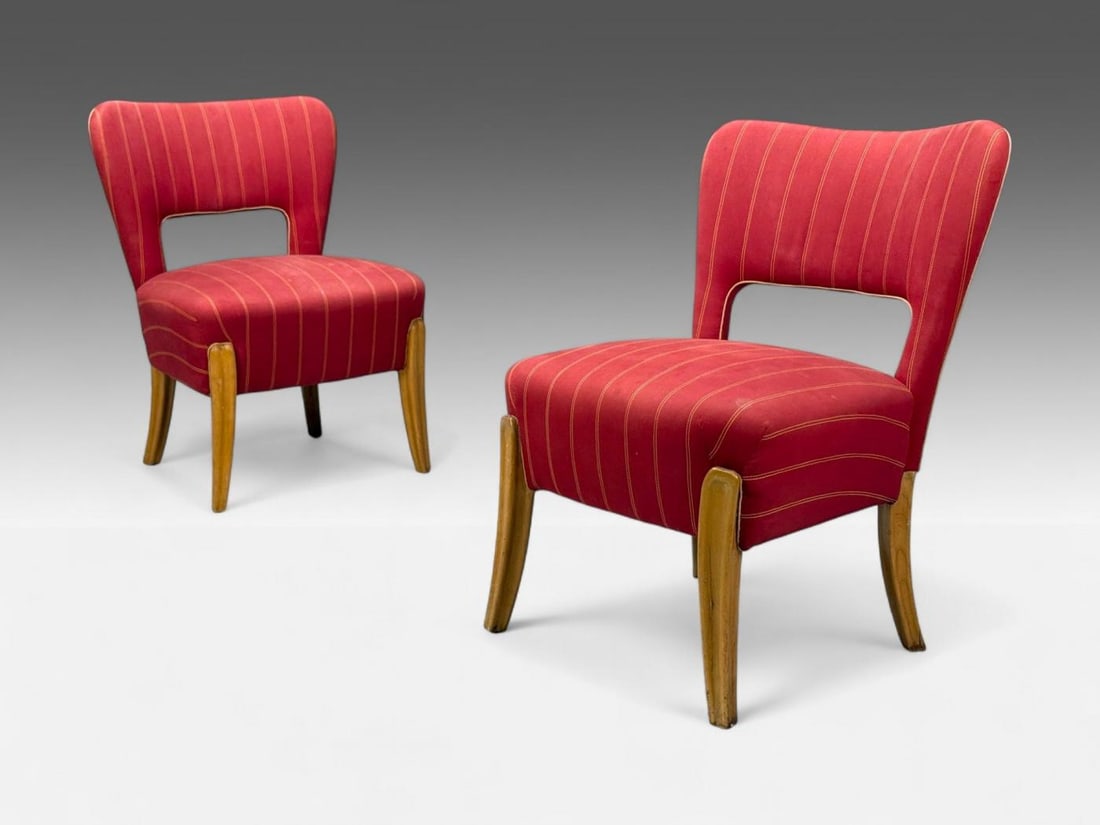 Pier Luigi Colli, Maple, Red Fabric, Low Lounge Chairs, Italy, 1950s - 3