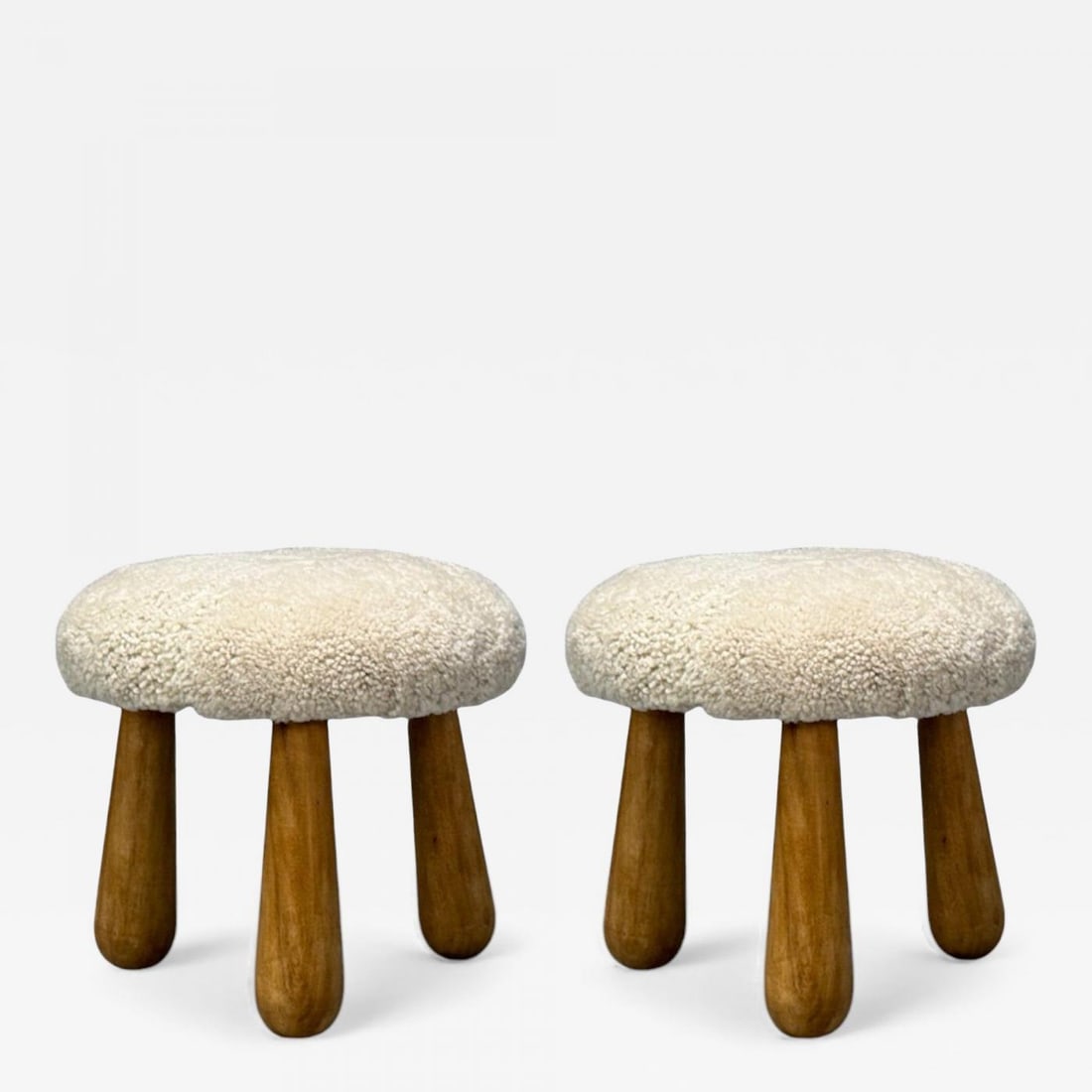 Danish Modern Style, Sheepskin Stools, Beige Shearling, Maple, USA, 21st c.: Title: Danish Modern Style, Sheepskin Stools, Beige Shearling, Maple, USA, 21st c. Description: "Danish Mid-Century Modern Style, Sheepskin Footstools or Ottomans, Beige Shearling, Maple, USA, 21st c.