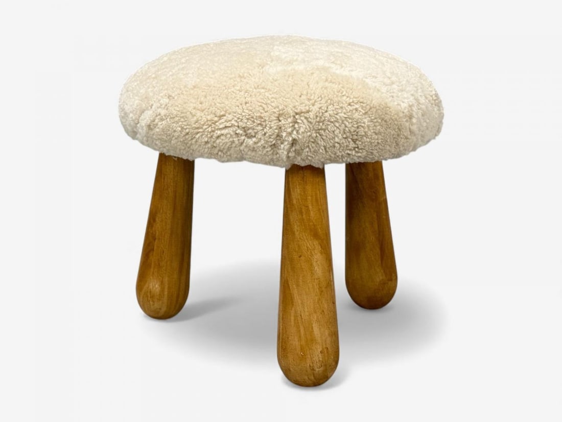 Danish Modern Style, Sheepskin Stools, Beige Shearling, Maple, USA, 21st c. - 6