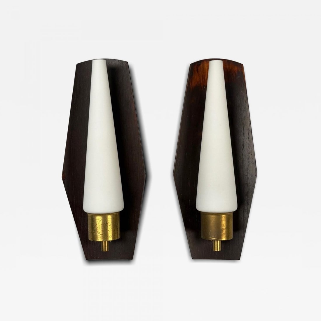 Danish Modern, Teak, Brass, Opaline Glass, Wall Lights, Denmark, 1960s: Title: Danish Modern, Teak, Brass, Opaline Glass, Wall Lights, Denmark, 1960s Description: "Danish Mid-Century Modern, Teak, Brass, Opaline Glass, Wall Lights, Denmark, 1960s Pair of modernist wall sc