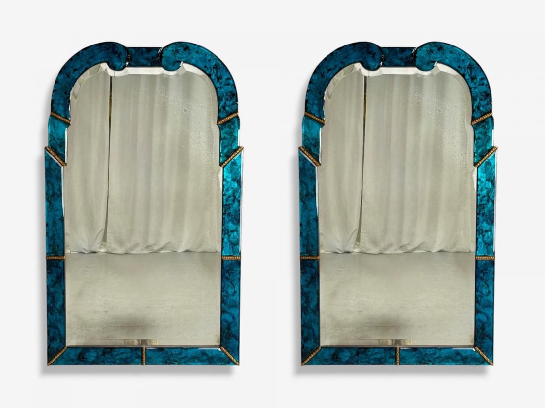 Queen Anne Style, Blue Antiqued Beveled Glass, Venetian Wall Mirrors, 21st C. - 2