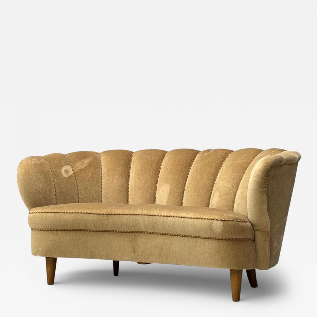 Finnish Modern, Settee, Beige Velvet, Wood, Finland, 1950s (1 of 12)