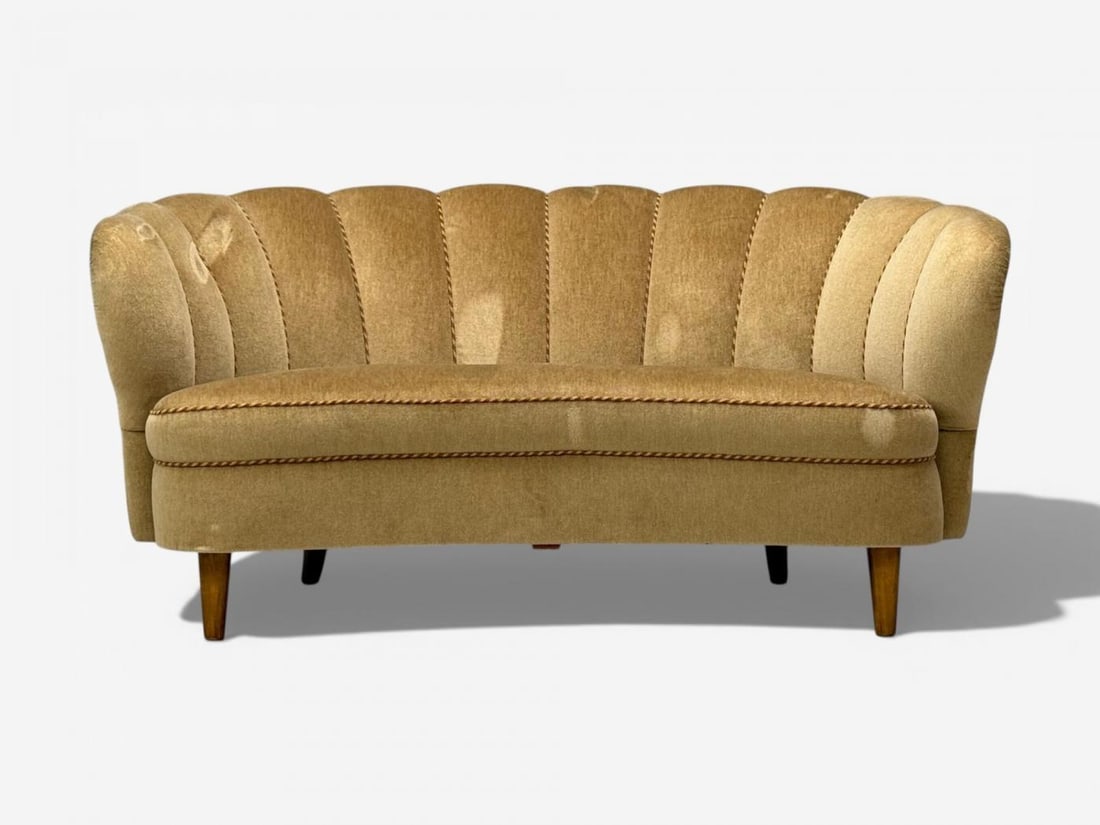 Finnish Modern, Settee, Beige Velvet, Wood, Finland, 1950s - 2