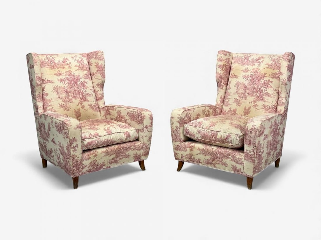 Italian Modern, Ashwood, Fabric, Large Wingback Chairs, Italy, 1950s - 3