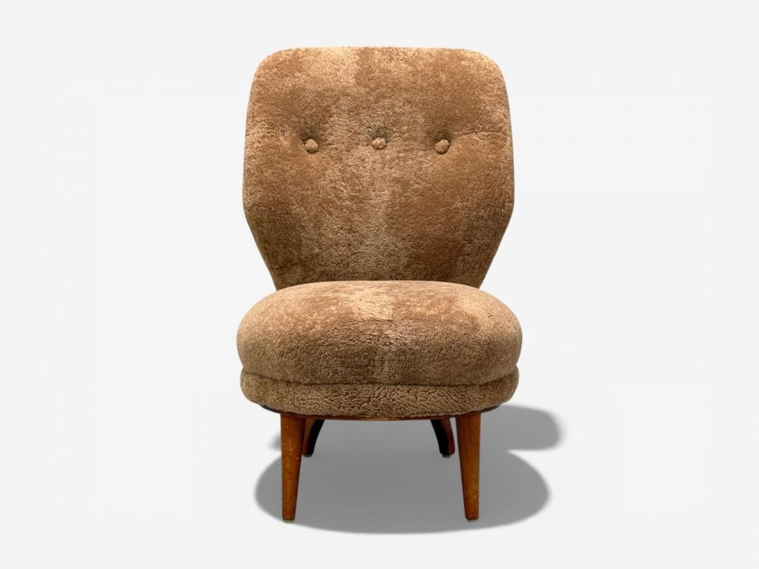 Swedish Modern, Slipper Chair, Brown Sheepskin, Birch, Sweden, 1950s - 2