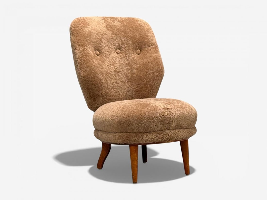 Swedish Modern, Slipper Chair, Brown Sheepskin, Birch, Sweden, 1950s - 4
