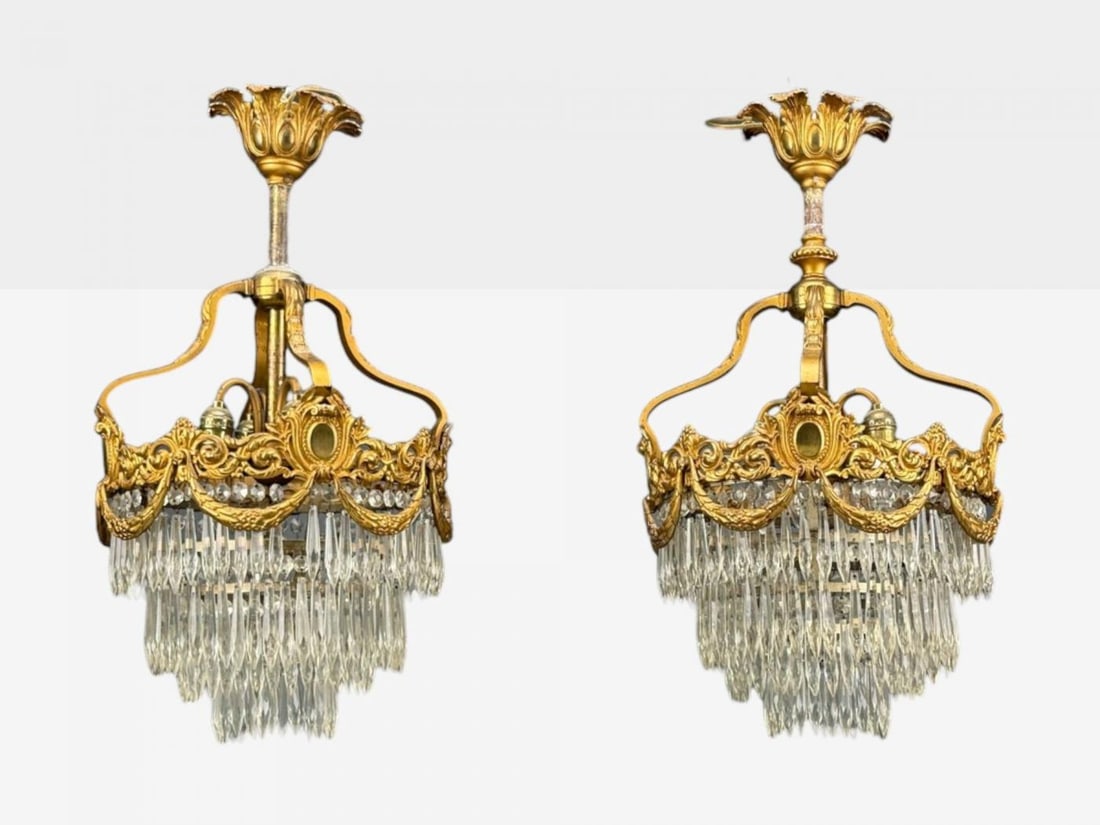 French Louis XVI, Chandeliers, Dore Bronze, Crystal, France, 19th Century - 12