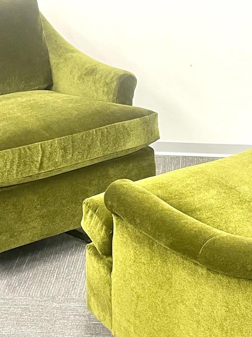 Pair Mid-Century Modern Swivel Arm, Lounge Chairs, Olive Green Velvet, American - 4