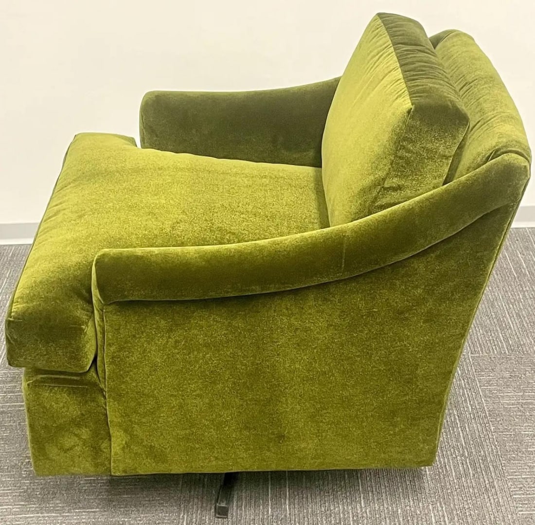Pair Mid-Century Modern Swivel Arm, Lounge Chairs, Olive Green Velvet, American - 7