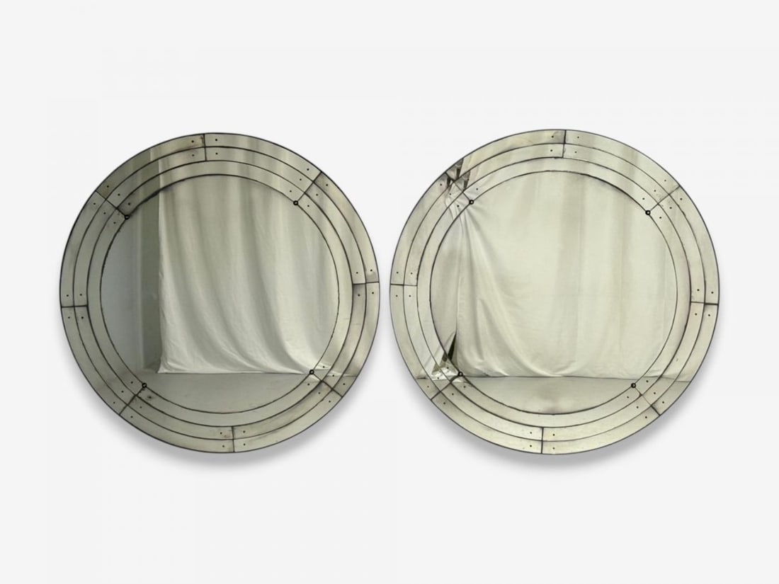 Art Deco Style, Antique Glass, Painted Wood, Round Venetian Wall Mirrors - 2