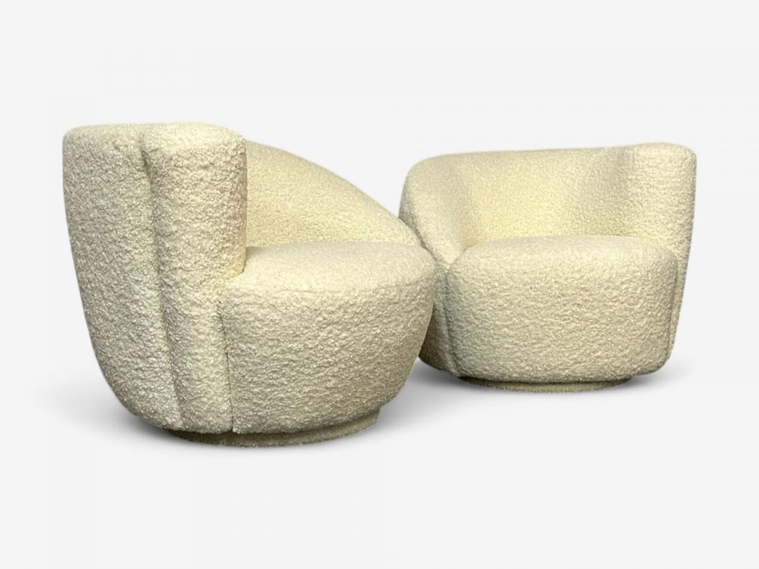 Vladimir Kagan Style, White Boucle, Nautilus Style Swivel Chairs, USA, 1970s - 9