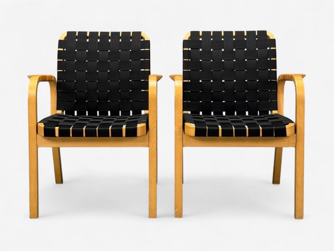Alvar Aalto, Birch, Rattan, Black Linen Webbing, Armchairs, Finland, 1980s - 4