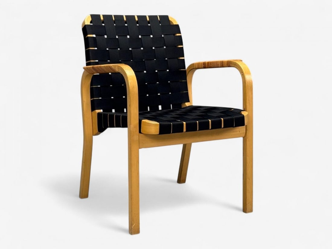 Alvar Aalto, Birch, Rattan, Black Linen Webbing, Armchairs, Finland, 1980s - 7