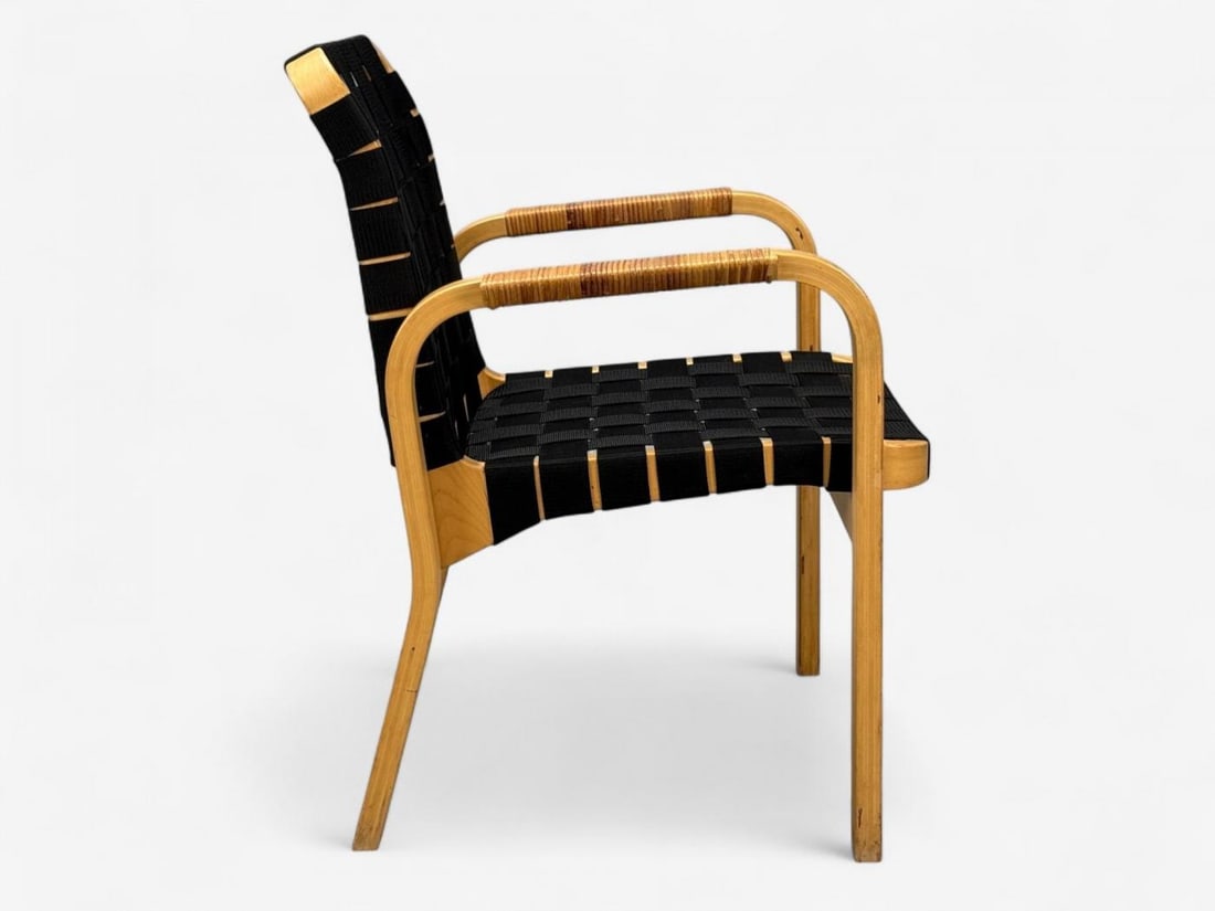 Alvar Aalto, Birch, Rattan, Black Linen Webbing, Armchairs, Finland, 1980s - 9