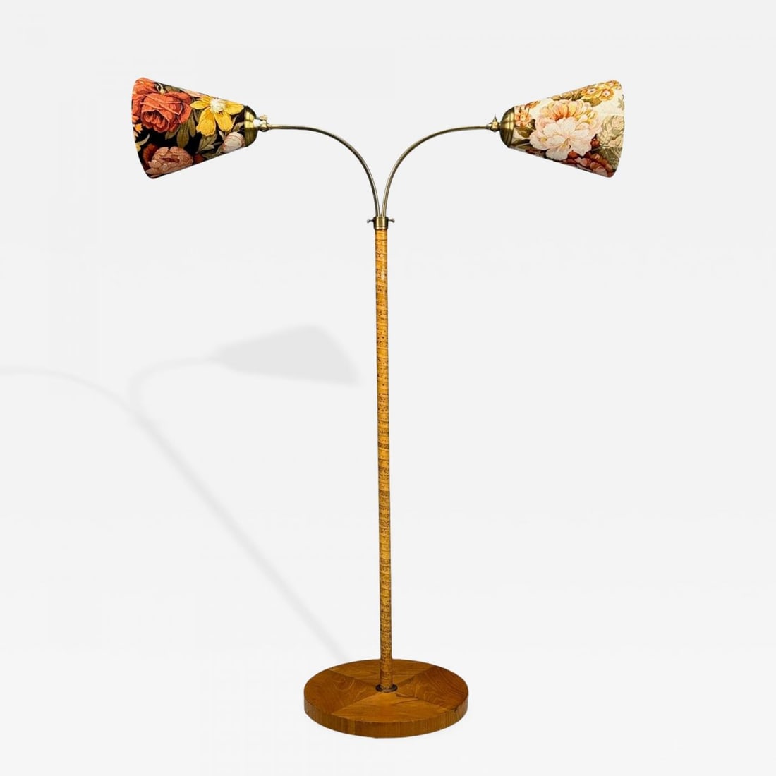 Corona Belysning, Floor Lamp, Wood, Brass, Fabric, Sweden, 1940s (1 of 12)