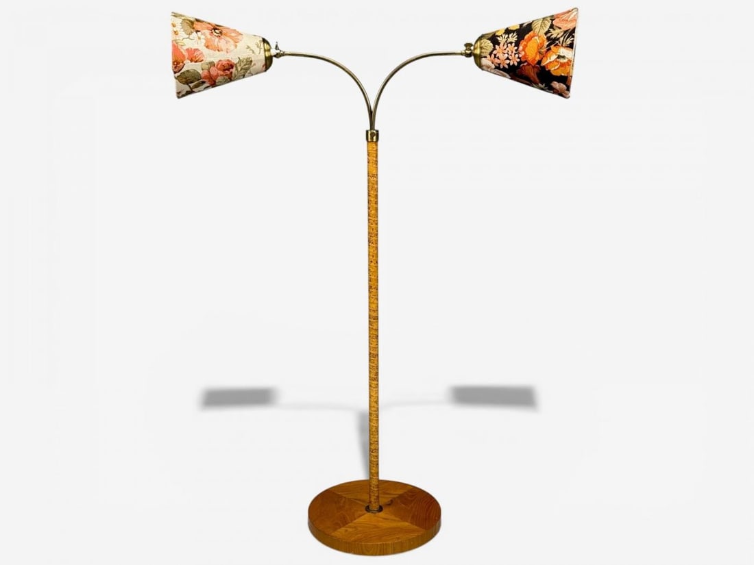 Corona Belysning, Floor Lamp, Wood, Brass, Fabric, Sweden, 1940s - 2