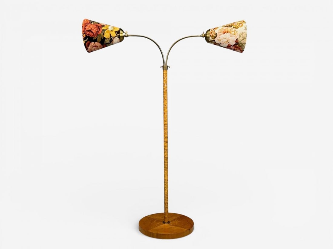 Corona Belysning, Floor Lamp, Wood, Brass, Fabric, Sweden, 1940s - 3