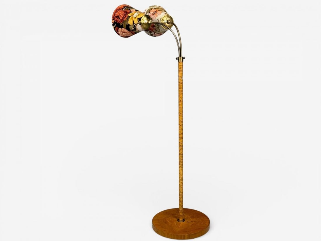 Corona Belysning, Floor Lamp, Wood, Brass, Fabric, Sweden, 1940s - 5