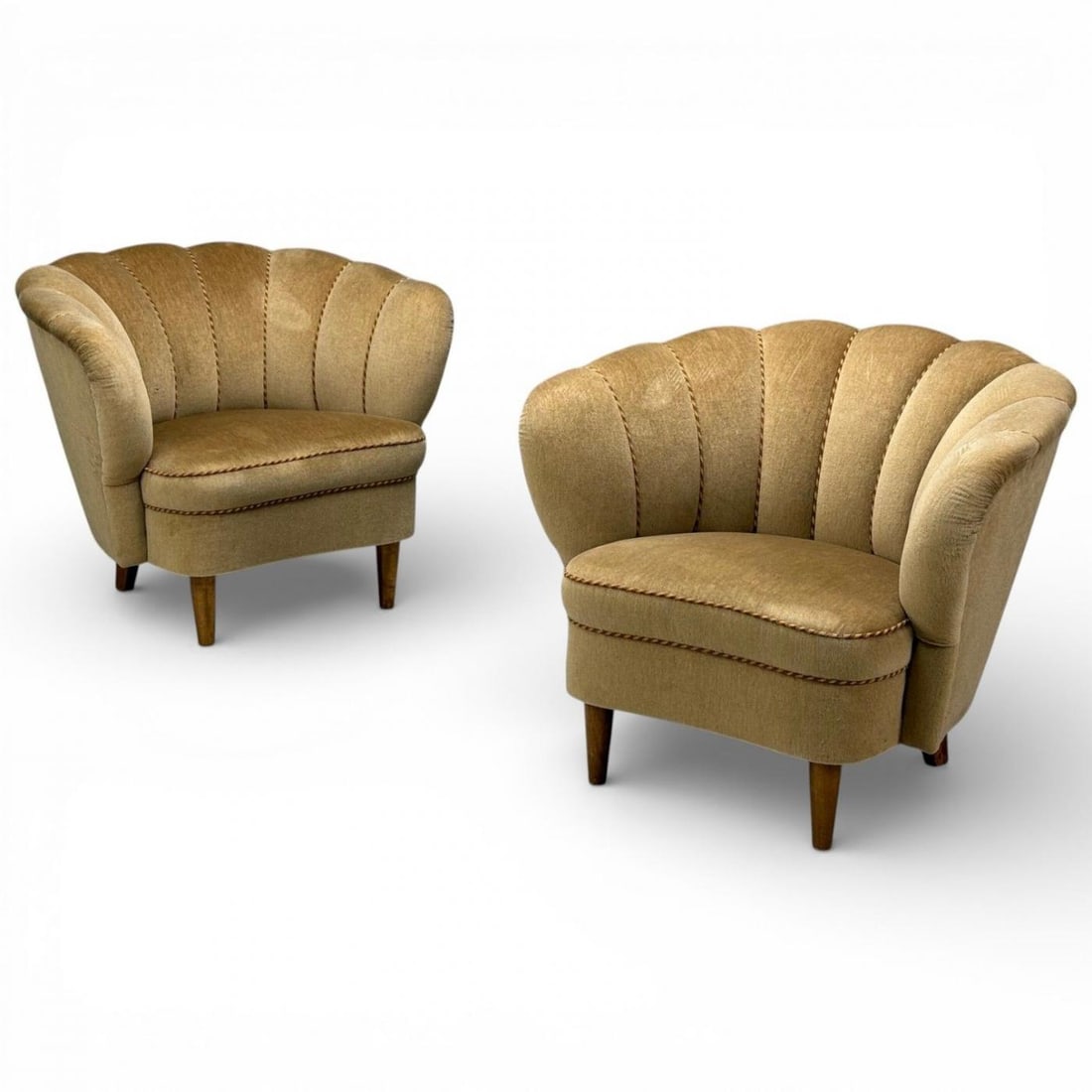 Finnish Modern, Lounge Chairs, Beige Velvet, Wood, Finland, 1950s - 11