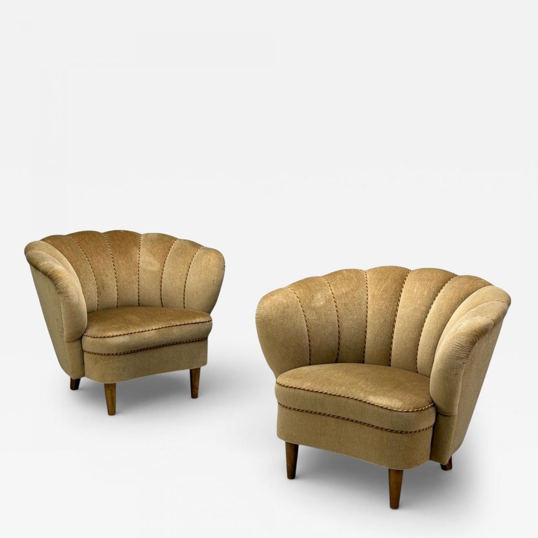 Finnish Modern, Lounge Chairs, Beige Velvet, Wood, Finland, 1950s (1 of 11)