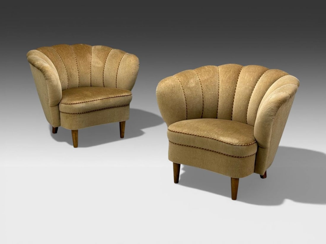 Finnish Modern, Lounge Chairs, Beige Velvet, Wood, Finland, 1950s - 3