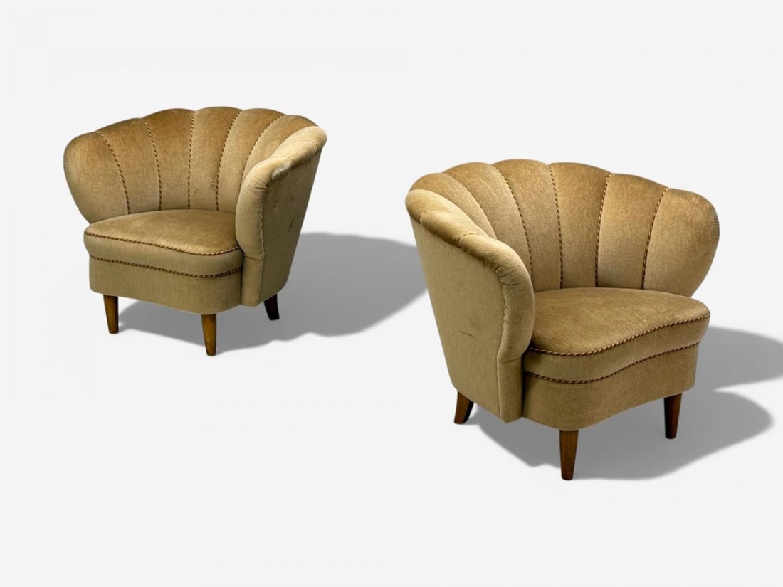 Finnish Modern, Lounge Chairs, Beige Velvet, Wood, Finland, 1950s - 4
