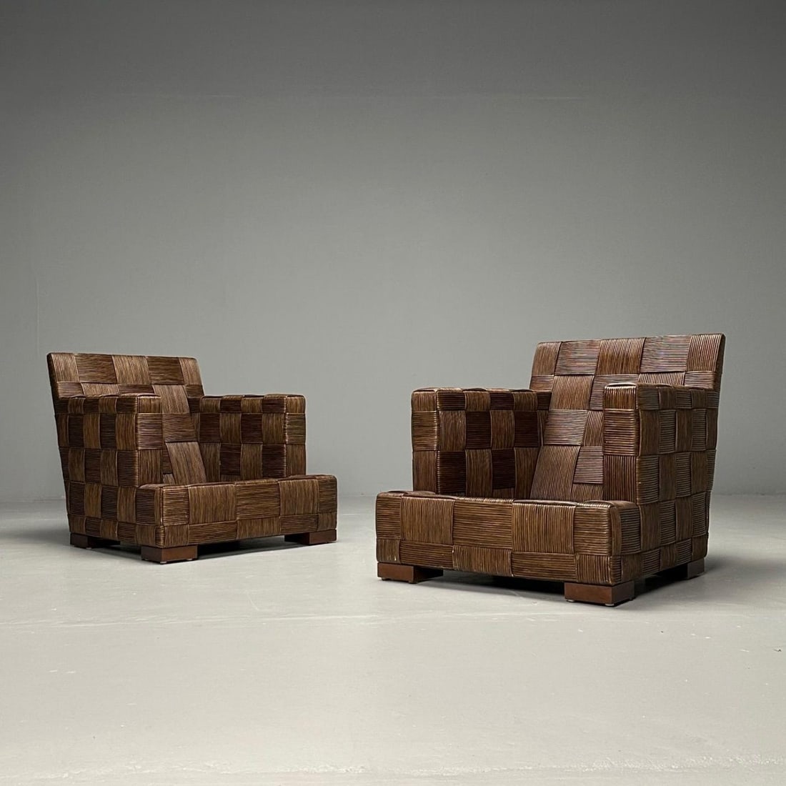 John Hutton, Woven Cane, Mahogany, Oversized Lounge Chairs, USA, 1990s - 2